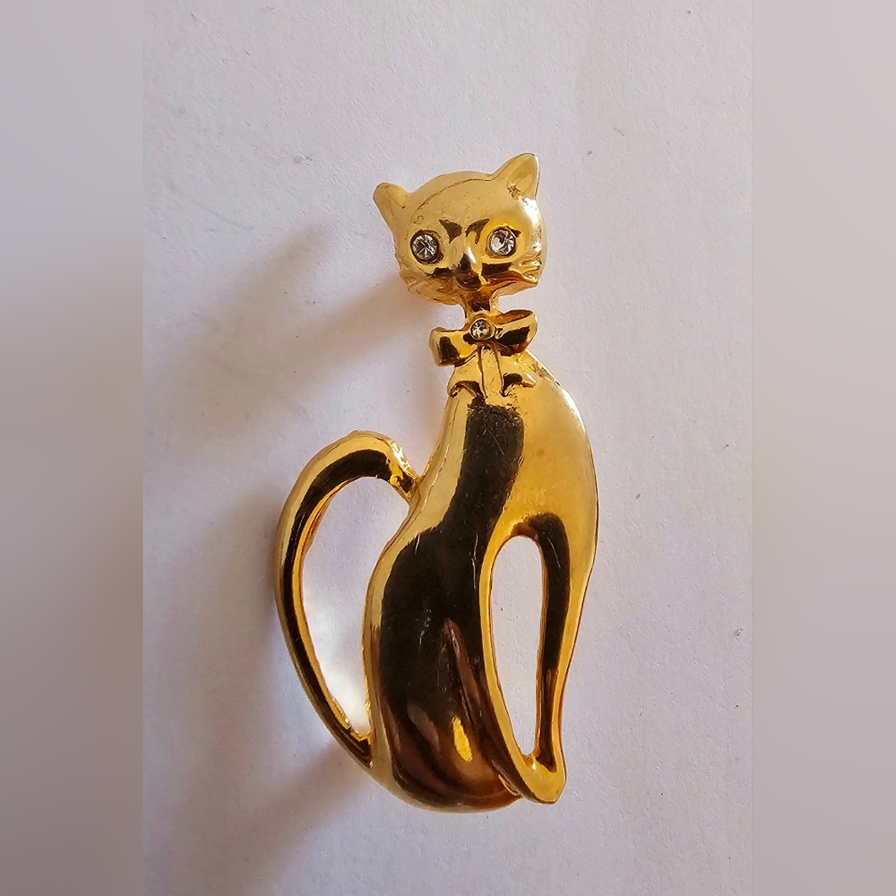 Fancy vintage gold siamese cat gentian with tie brooch cat lovers male feline